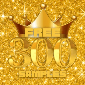 A gold crown with the words free 300 samples.